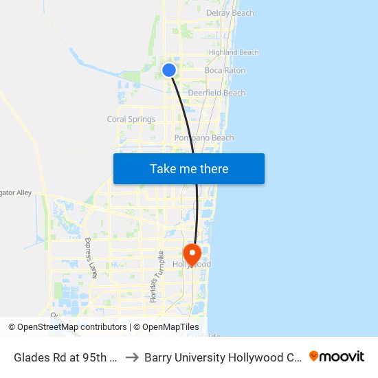 Glades Rd at 95th Ave S to Barry University Hollywood Campus map