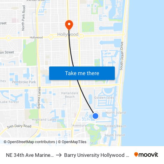 NE 34th Ave Mariner Way to Barry University Hollywood Campus map