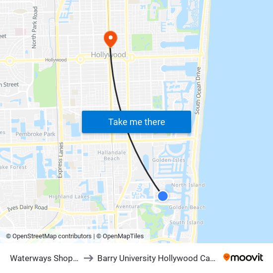 Waterways Shoppes to Barry University Hollywood Campus map