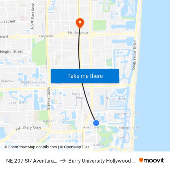 NE 207 St/ Aventura Lakes to Barry University Hollywood Campus map