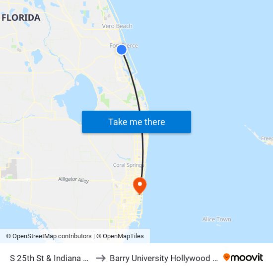 S 25th St & Indiana Avenue to Barry University Hollywood Campus map