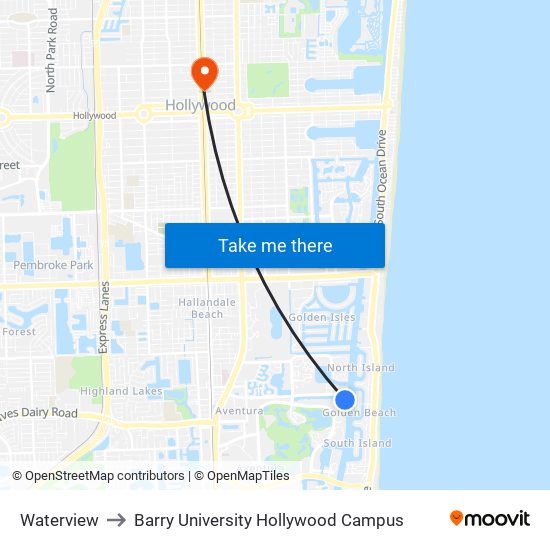 Waterview to Barry University Hollywood Campus map