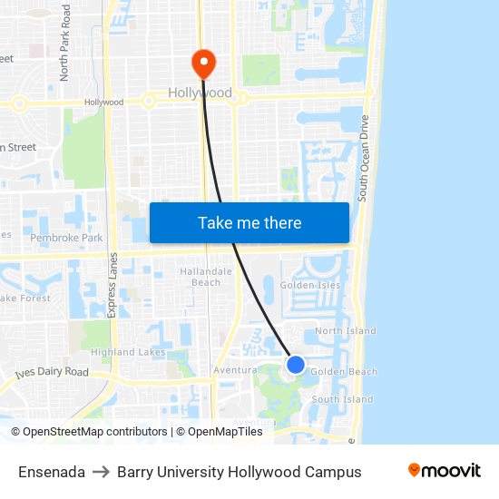 Ensenada to Barry University Hollywood Campus map