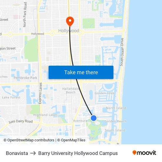 Bonavista to Barry University Hollywood Campus map