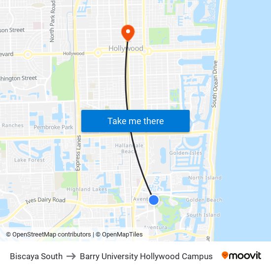 Biscaya South to Barry University Hollywood Campus map