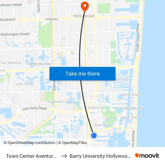 Town Center Aventure / Publix to Barry University Hollywood Campus map