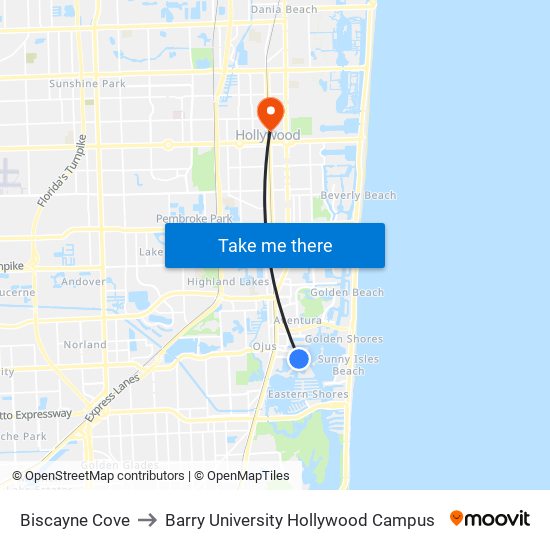 Biscayne Cove to Barry University Hollywood Campus map