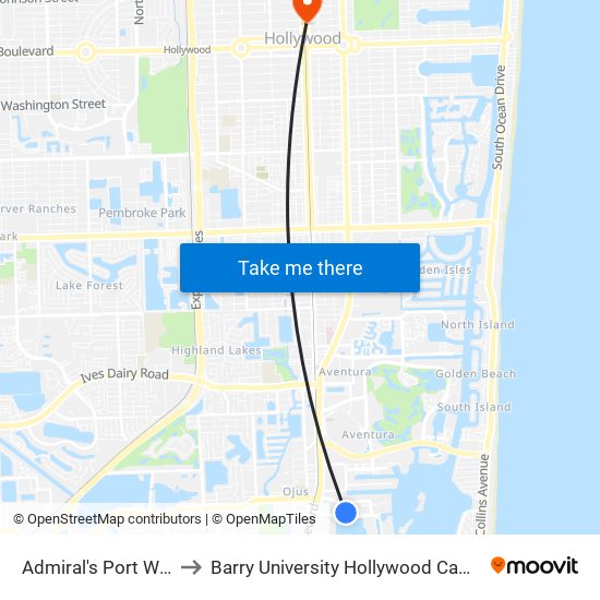 Admiral's Port West to Barry University Hollywood Campus map