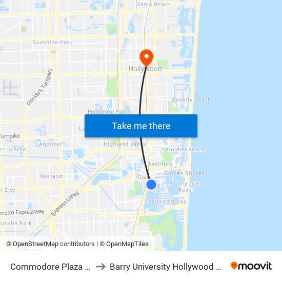 Commodore Plaza South to Barry University Hollywood Campus map