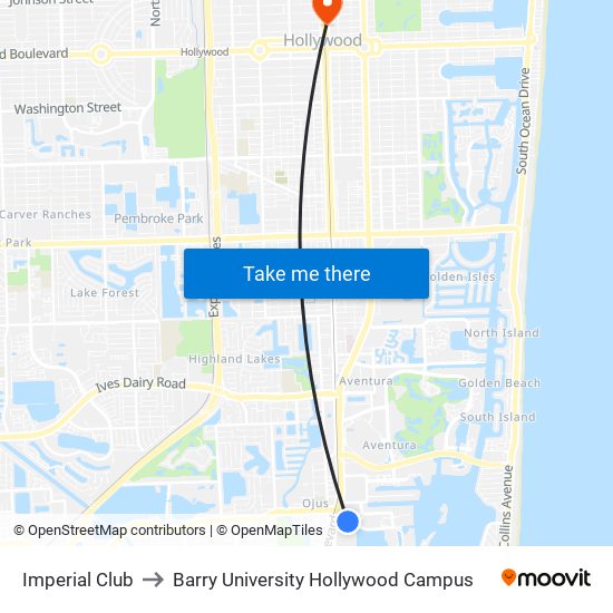 Imperial Club to Barry University Hollywood Campus map