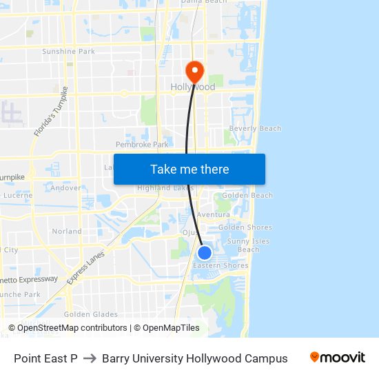 Point East P to Barry University Hollywood Campus map