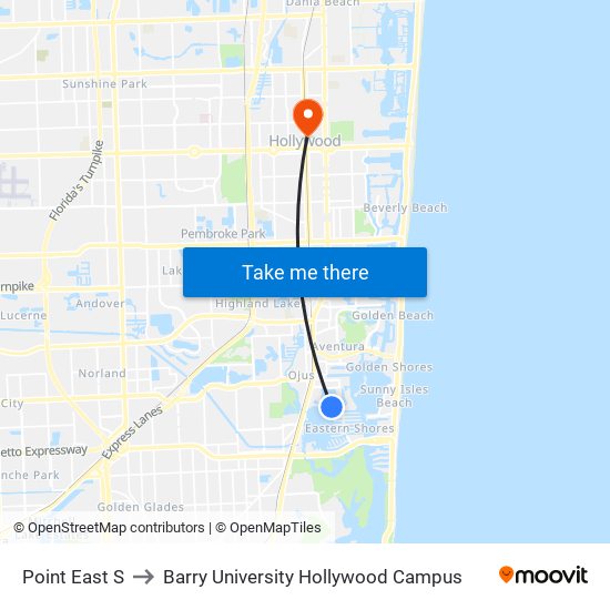 Point East S to Barry University Hollywood Campus map