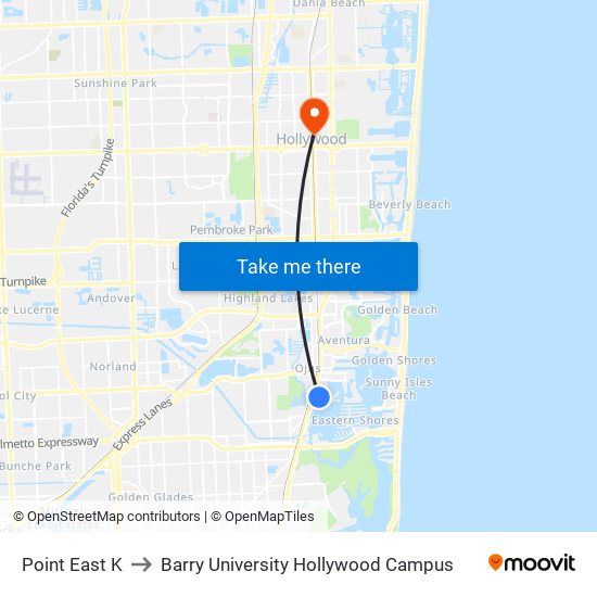 Point East K to Barry University Hollywood Campus map