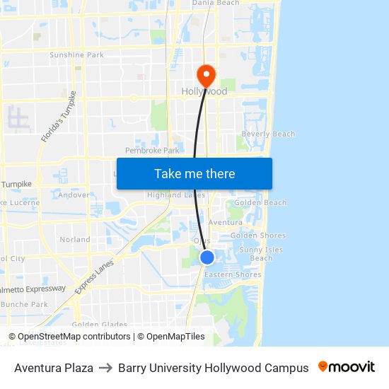Aventura Plaza to Barry University Hollywood Campus map