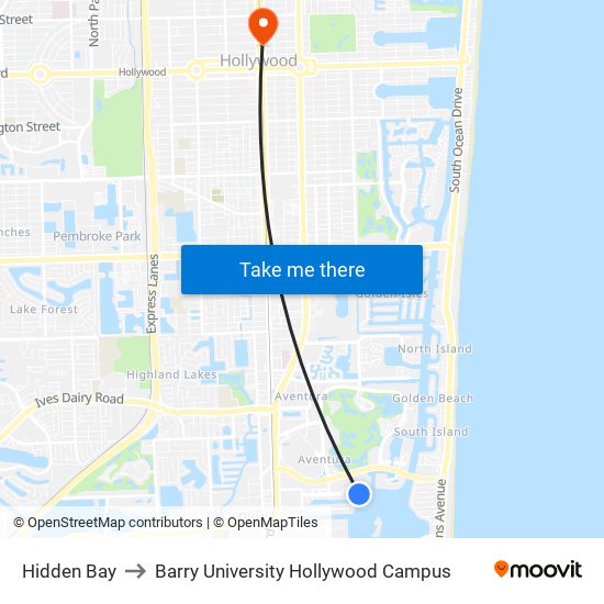 Hidden Bay to Barry University Hollywood Campus map