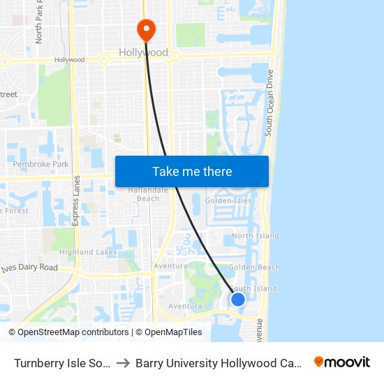 Turnberry Isle South to Barry University Hollywood Campus map
