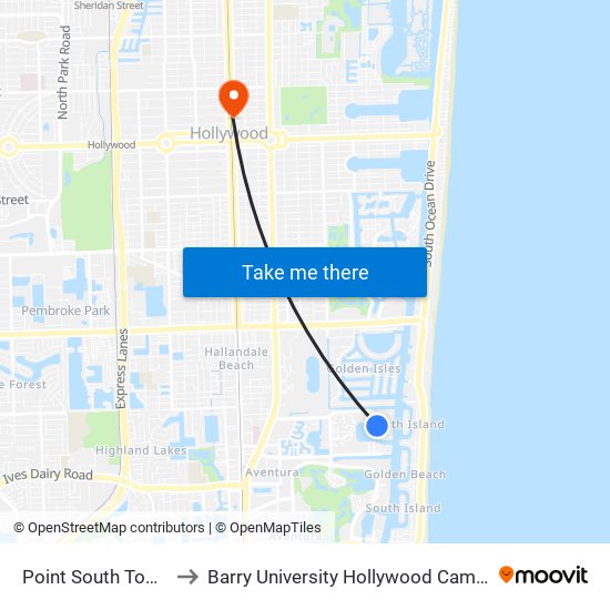 Point South Tower to Barry University Hollywood Campus map