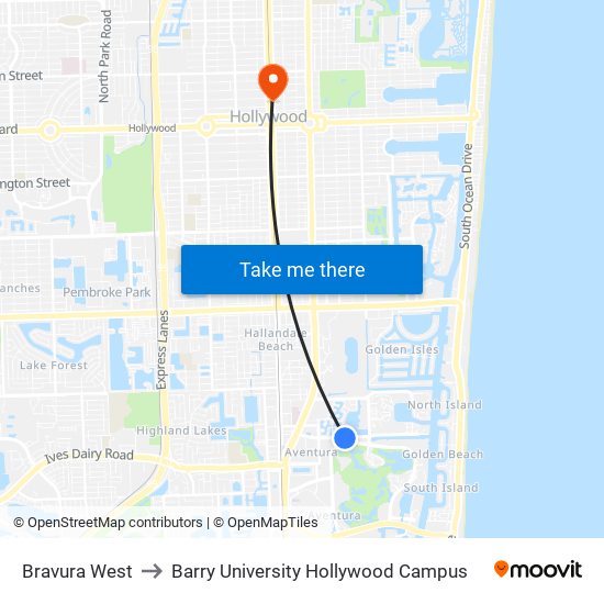 Bravura West to Barry University Hollywood Campus map
