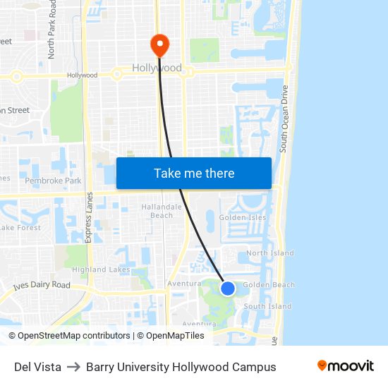 Del Vista to Barry University Hollywood Campus map