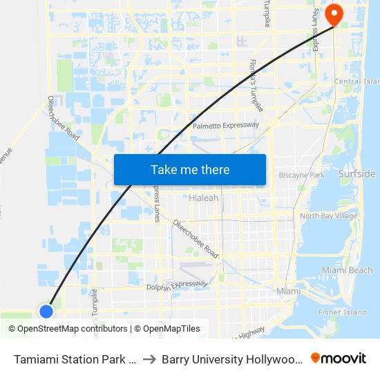 Tamiami Station Park And Ride to Barry University Hollywood Campus map