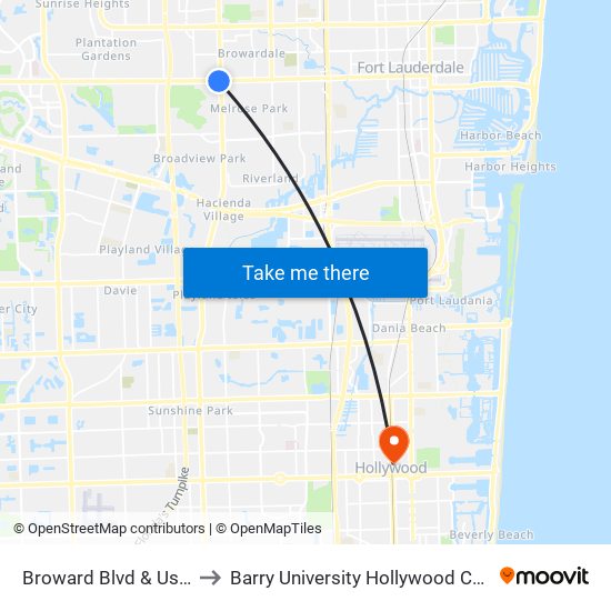 Broward Blvd & US 441 to Barry University Hollywood Campus map