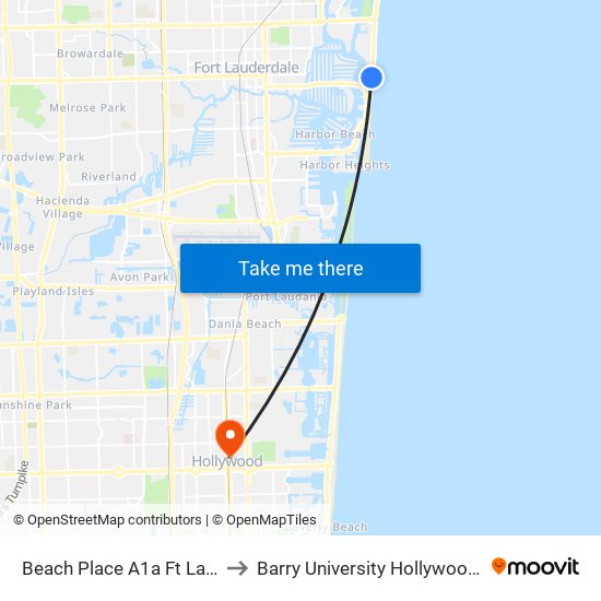 Beach Place A1a Ft Lauderdale to Barry University Hollywood Campus map