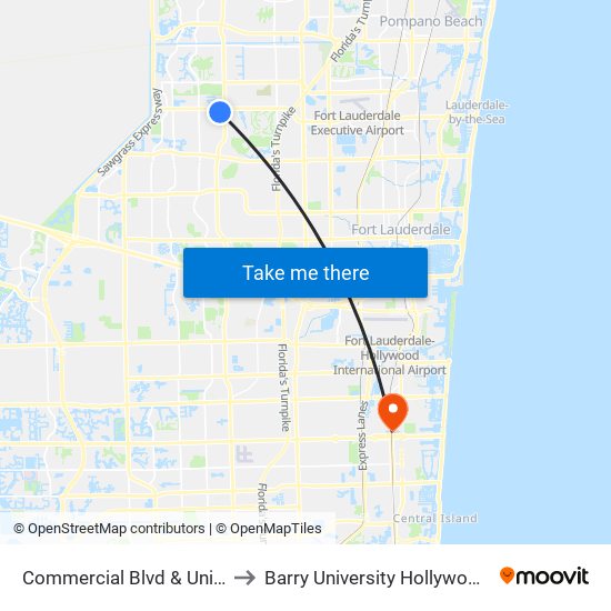 Commercial Blvd & University Dr to Barry University Hollywood Campus map
