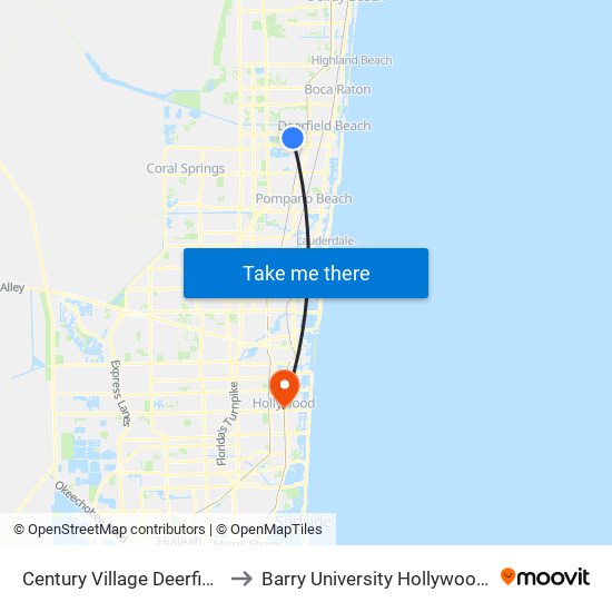 Century Village Deerfield Beach to Barry University Hollywood Campus map