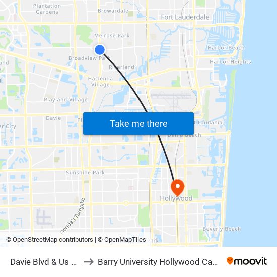 Davie Blvd & Us 441 to Barry University Hollywood Campus map