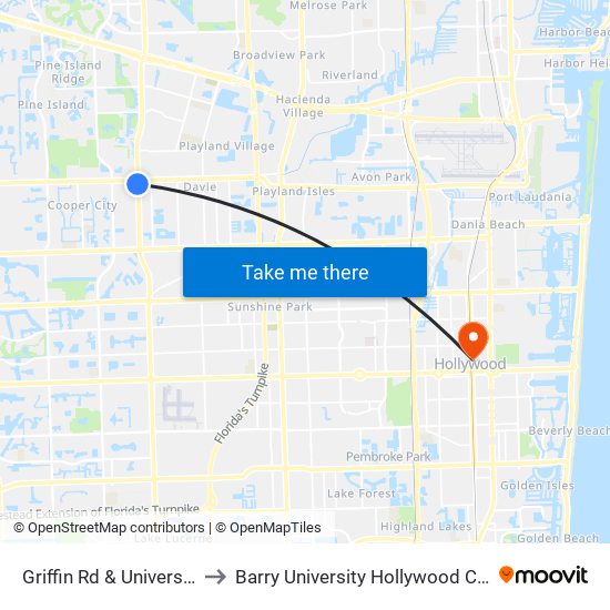 Griffin Rd & University Dr to Barry University Hollywood Campus map