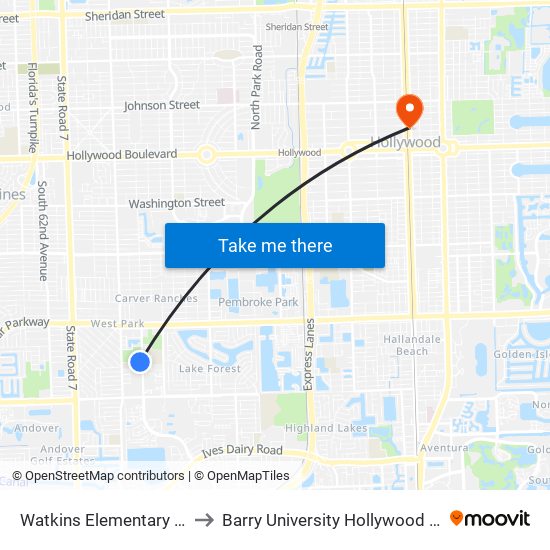 Watkins Elementary School to Barry University Hollywood Campus map