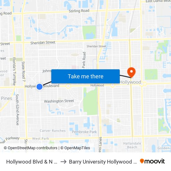 Hollywood Blvd & N 56 Ave to Barry University Hollywood Campus map