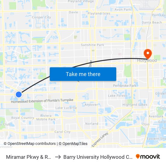 Miramar Pkwy & Red Rd to Barry University Hollywood Campus map