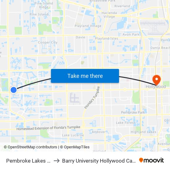 Pembroke Lakes Mall to Barry University Hollywood Campus map