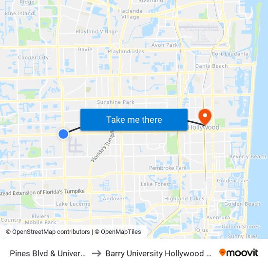 Pines Blvd & University Dr to Barry University Hollywood Campus map