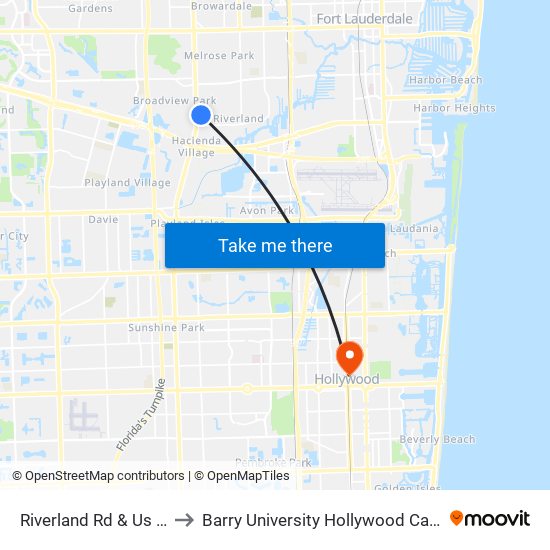 Riverland Rd & Us 441 to Barry University Hollywood Campus map