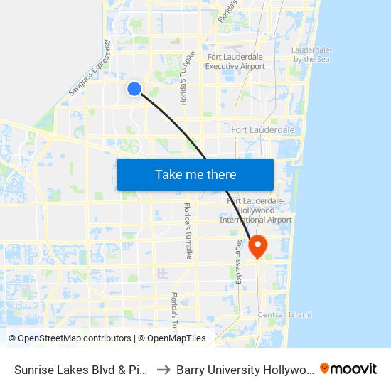 Sunrise Lakes Blvd & Pine Island Rd to Barry University Hollywood Campus map