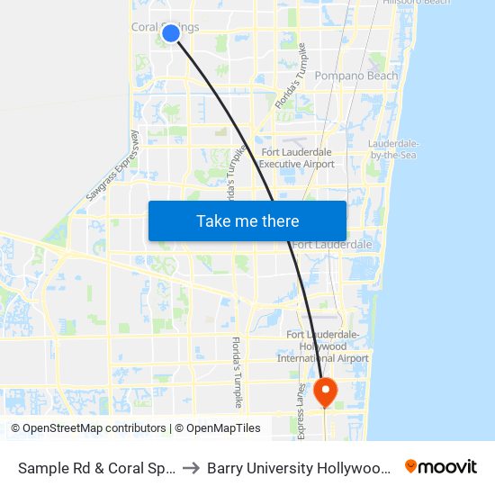 Sample Rd & Coral Springs Dr to Barry University Hollywood Campus map