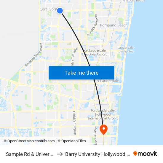 Sample Rd & Universitry Dr to Barry University Hollywood Campus map