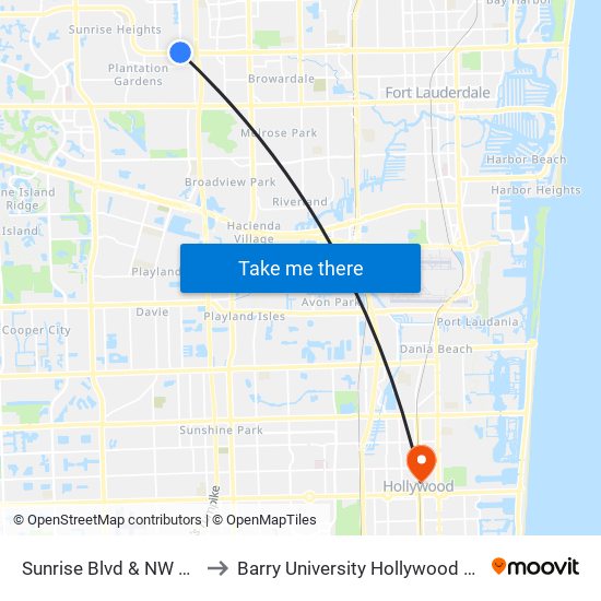 Sunrise Blvd & NW 56 Ave to Barry University Hollywood Campus map