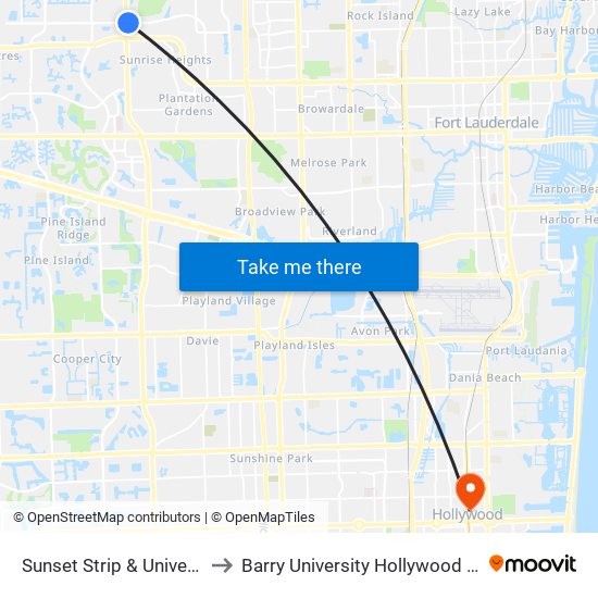 Sunset Strip & University Dr to Barry University Hollywood Campus map
