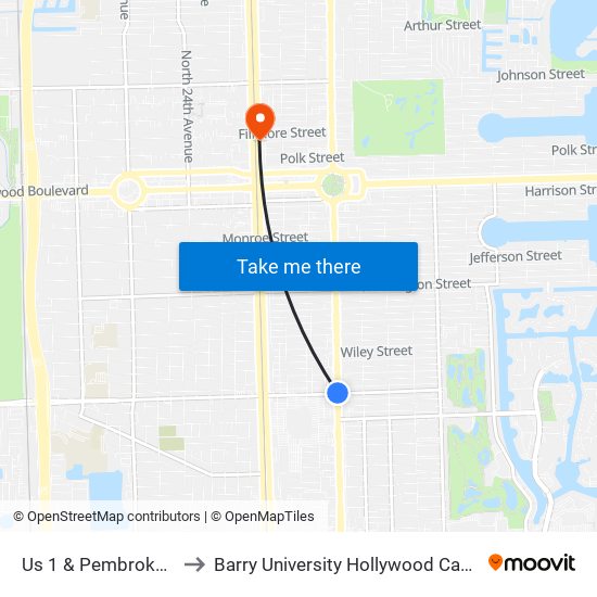 Us 1 & Pembroke Rd to Barry University Hollywood Campus map
