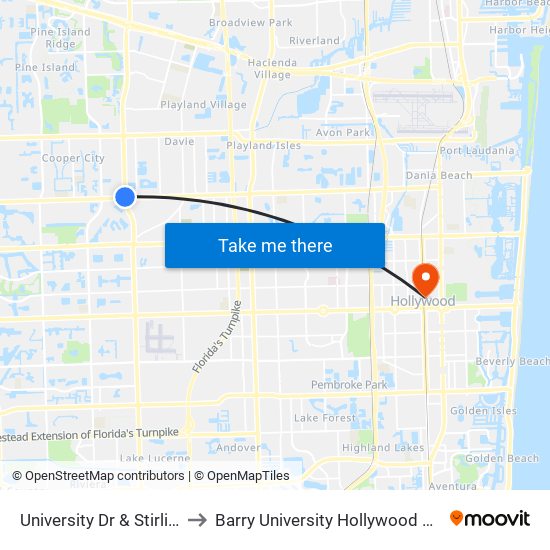 University Dr & Stirling Rd to Barry University Hollywood Campus map