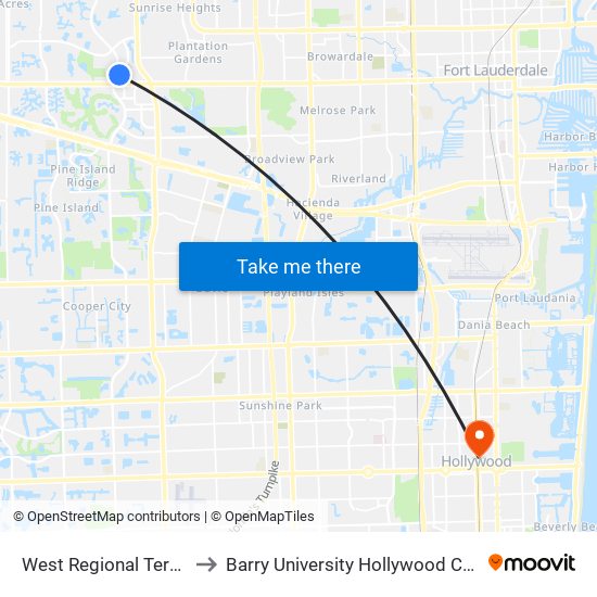 West Regional Terminal to Barry University Hollywood Campus map