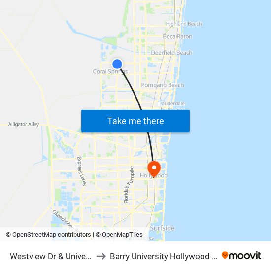 Westview Dr & University Dr to Barry University Hollywood Campus map