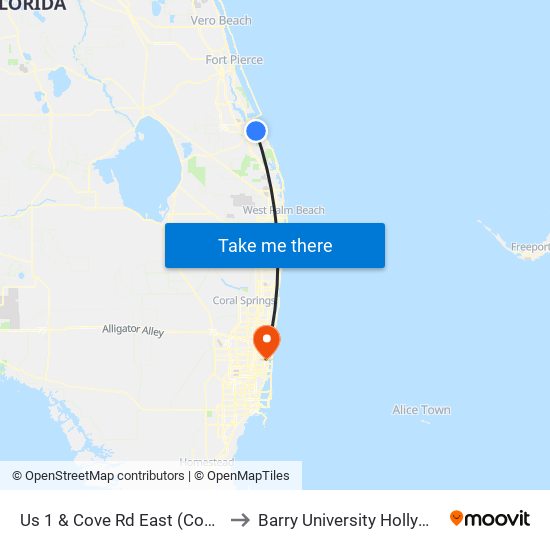 Us 1 & Cove Rd East (Connection Point) to Barry University Hollywood Campus map