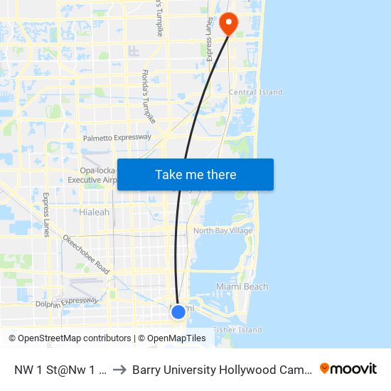 NW 1 St@Nw 1 Av to Barry University Hollywood Campus map