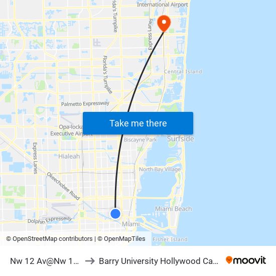 Nw 12 Av@Nw 16 St to Barry University Hollywood Campus map