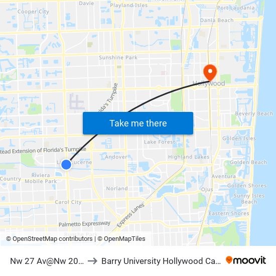 Nw 27 Av@Nw 207 St to Barry University Hollywood Campus map