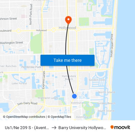 Us1/Ne 209 S - (Aventura Hosp) to Barry University Hollywood Campus map